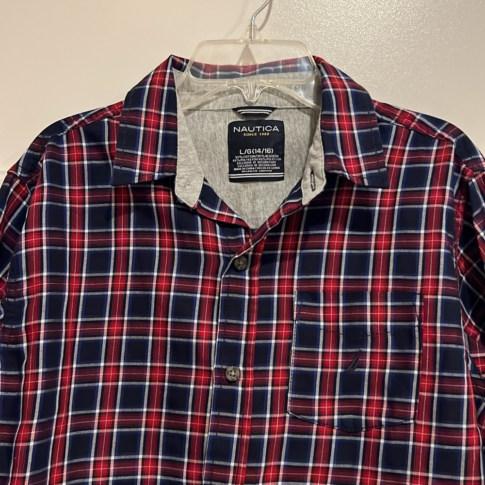 Nautica Plaid Long Sleeve Button Up Top Red, White and Blue Sz L 14/16 - Picture 2 of 7